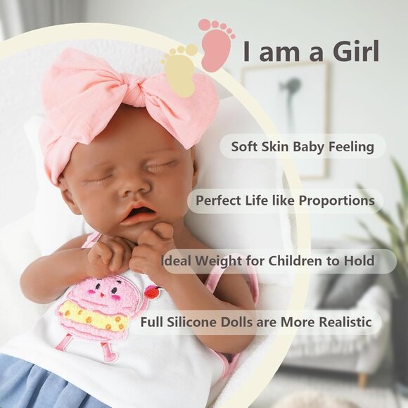17.2in Full Silicone dark Brown Reborn Baby Dolls BOY Lifelike Sleeping Doll - Picture 3 of 7
